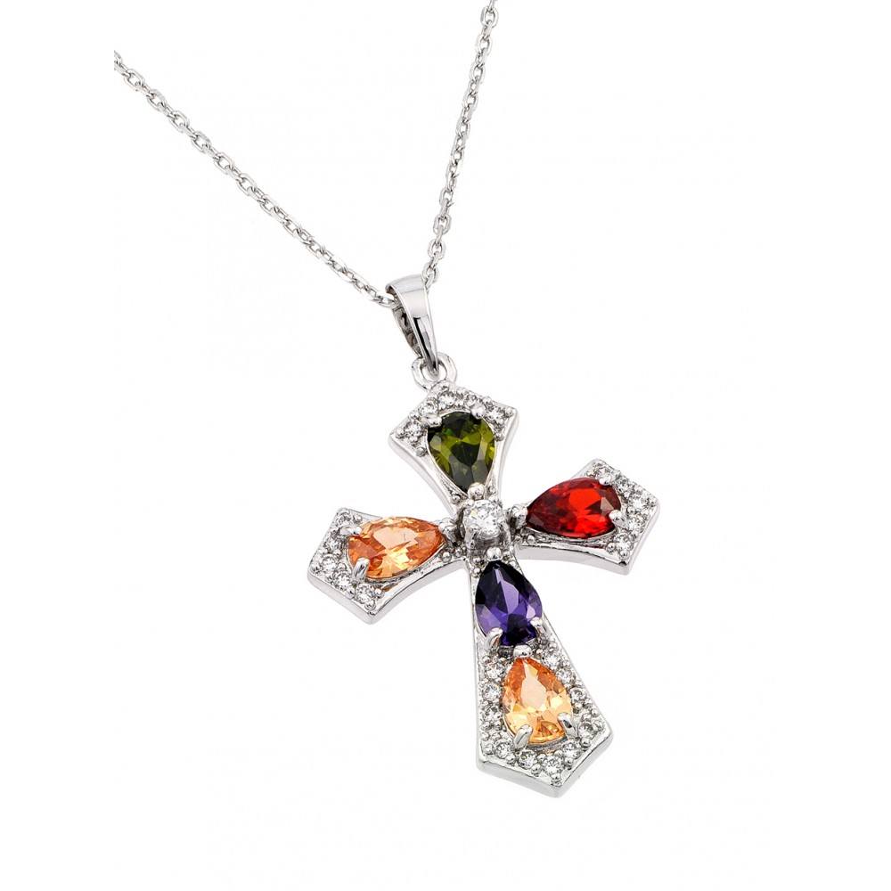 Sterling Silver Rhodium Plated Multiple Color Teardrop Cross CZ Necklace