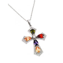 Load image into Gallery viewer, Sterling Silver Rhodium Plated Multiple Color Teardrop Cross CZ Necklace