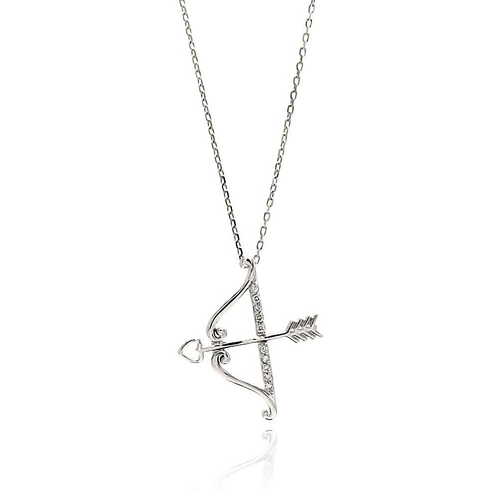 Sterling Silver Necklace with Fancy Bow and Heart Arrow Inlaid with Clear Czs PendantAnd Chain Length of 16 -18 And Pendant Dimensions: 26MMx23MM