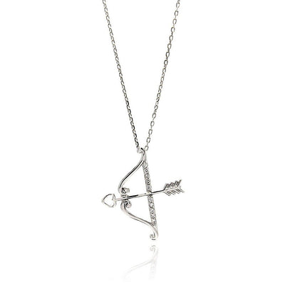 Sterling Silver Necklace with Fancy Bow and Heart Arrow Inlaid with Clear Czs PendantAnd Chain Length of 16 -18 And Pendant Dimensions: 26MMx23MM