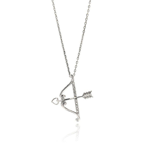 Sterling Silver Necklace with Fancy Bow and Heart Arrow Inlaid with Clear Czs PendantAnd Chain Length of 16 -18 And Pendant Dimensions: 26MMx23MM