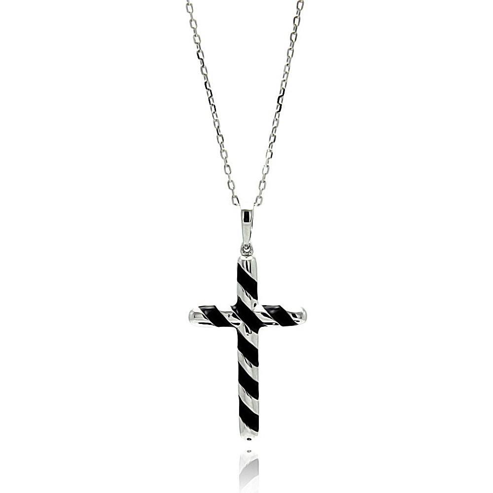 Sterling Silver Rhodium Plated Black Enamel Stripe Cross Necklace