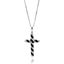 Load image into Gallery viewer, Sterling Silver Rhodium Plated Black Enamel Stripe Cross Necklace