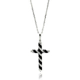 Sterling Silver Rhodium Plated Black Enamel Stripe Cross Necklace