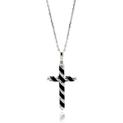 Sterling Silver Rhodium Plated Black Enamel Stripe Cross Necklace