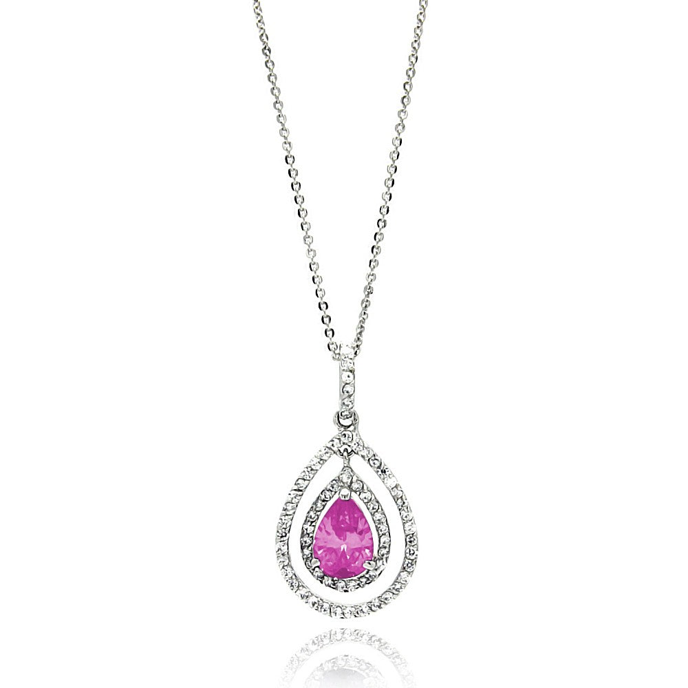 Sterling Silver Rhodium Plated Open Teardrop Necklace With Center Pink CZ And Clear CZ