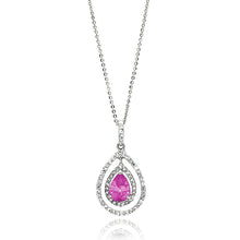 Load image into Gallery viewer, Sterling Silver Rhodium Plated Open Teardrop Necklace With Center Pink CZ And Clear CZ