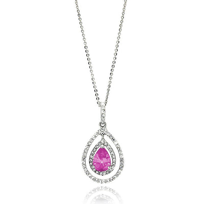 Sterling Silver Rhodium Plated Open Teardrop Necklace With Center Pink CZ And Clear CZ