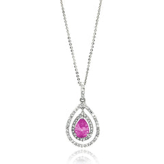 Sterling Silver Rhodium Plated Open Teardrop Necklace With Center Pink CZ And Clear CZ