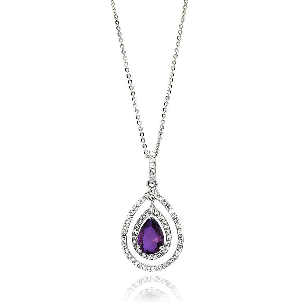 Sterling Silver Rhodium Plated Open Teardrop Necklace With Center Purple CZ And Clear CZ