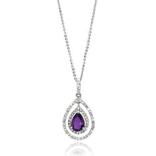 Load image into Gallery viewer, Sterling Silver Rhodium Plated Open Teardrop Necklace With Center Purple CZ And Clear CZ