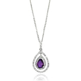 Sterling Silver Rhodium Plated Open Teardrop Necklace With Center Purple CZ And Clear CZ