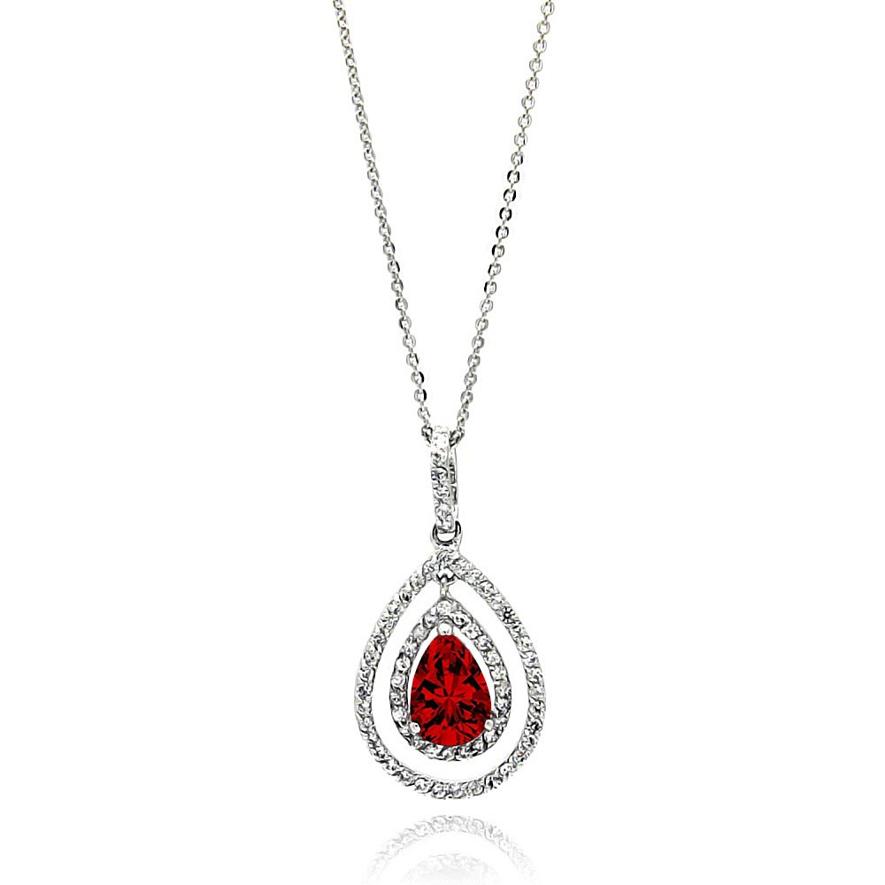 Sterling Silver Rhodium Plated Open Teardrop Necklace With Center Red CZ And Clear CZ