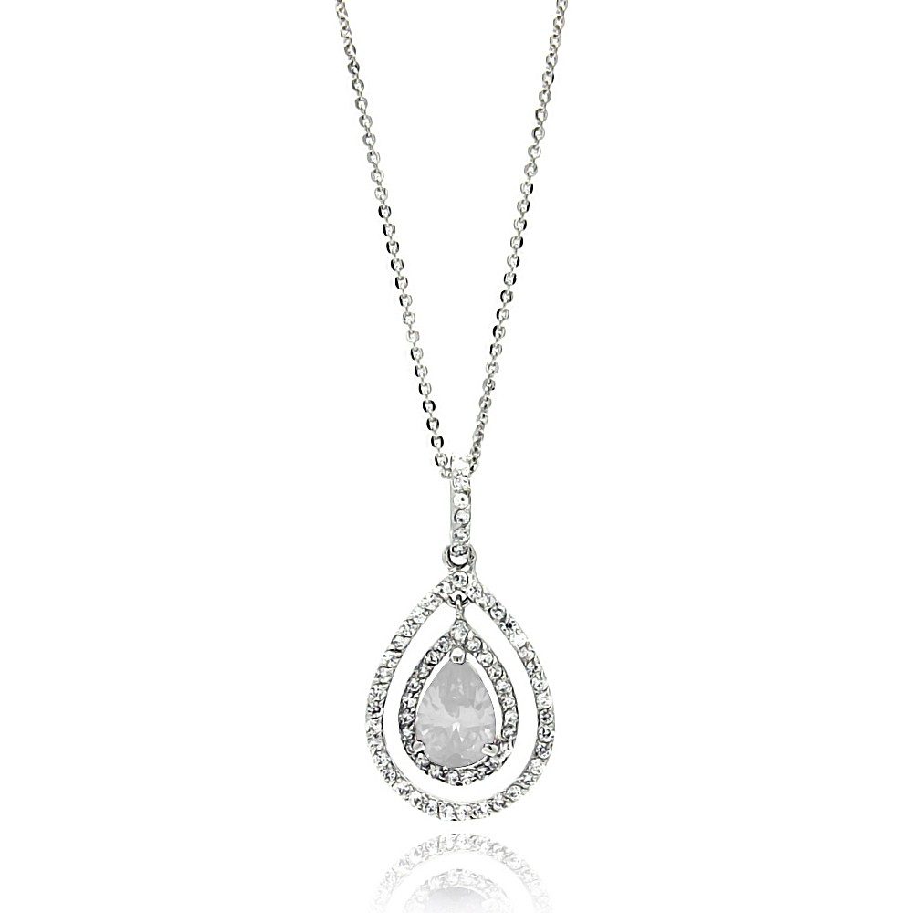 Sterling Silver Necklace with Centered  Pearshape Cut White Cz Double Open Teardrop Pendant Inlaid with Clear CzsAnd Chain Length of 16  AdjustableAnd Pendant Dimensions: 32.3MMx16.8MM