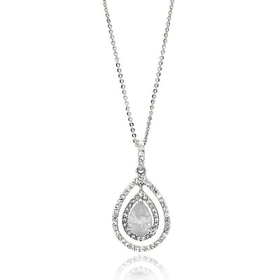 Sterling Silver Necklace with Centered  Pearshape Cut White Cz Double Open Teardrop Pendant Inlaid with Clear CzsAnd Chain Length of 16  AdjustableAnd Pendant Dimensions: 32.3MMx16.8MM