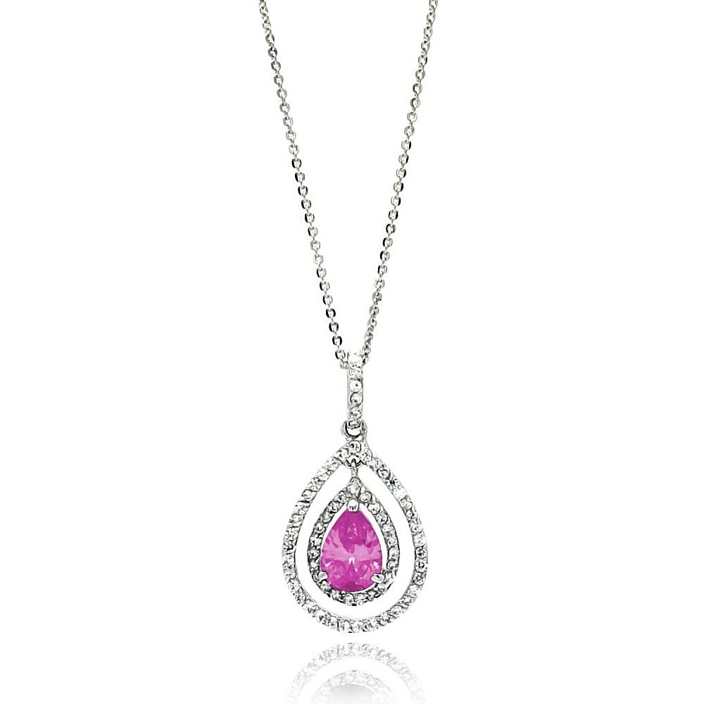 Sterling Silver Necklace with Centered  Pearshape Cut Pink Cz Double Open Teardrop Pendant Inlaid with Clear CzsAnd Chain Length of 16  AdjustableAnd Pendant Dimensions: 32.3MMx16.8MM