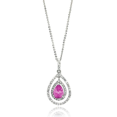 Sterling Silver Necklace with Centered  Pearshape Cut Pink Cz Double Open Teardrop Pendant Inlaid with Clear CzsAnd Chain Length of 16  AdjustableAnd Pendant Dimensions: 32.3MMx16.8MM