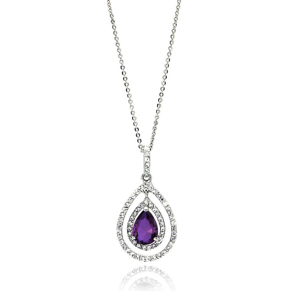 Sterling Silver Necklace with Centered  Pearshape Cut Amethyst Cz Double Open Teardrop Pendant Inlaid with Clear CzsAnd Chain Length of 16  AdjustableAnd Pendant Dimensions: 32.3MMx16.8MM