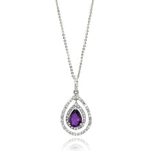 Load image into Gallery viewer, Sterling Silver Necklace with Centered  Pearshape Cut Amethyst Cz Double Open Teardrop Pendant Inlaid with Clear CzsAnd Chain Length of 16  AdjustableAnd Pendant Dimensions: 32.3MMx16.8MM