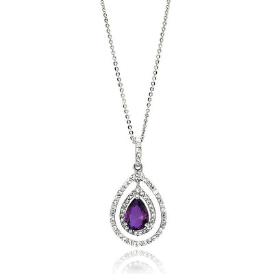 Sterling Silver Necklace with Centered  Pearshape Cut Amethyst Cz Double Open Teardrop Pendant Inlaid with Clear CzsAnd Chain Length of 16  AdjustableAnd Pendant Dimensions: 32.3MMx16.8MM