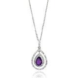 Sterling Silver Necklace with Centered  Pearshape Cut Amethyst Cz Double Open Teardrop Pendant Inlaid with Clear CzsAnd Chain Length of 16  AdjustableAnd Pendant Dimensions: 32.3MMx16.8MM