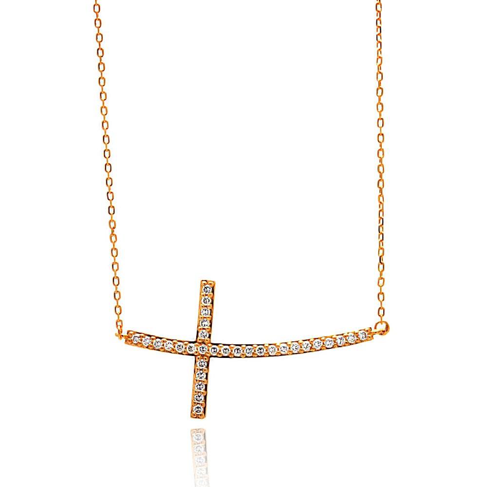 Sterling Silver Rose Gold Plated Sideways CZ Inlay Necklace