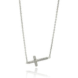 Sterling Silver Rhodium Plated Sideways Cross CZ Necklace