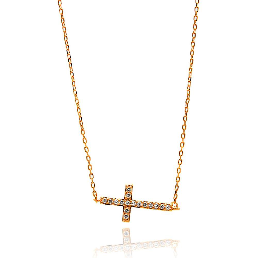 Sterling Silver Rose Gold Plated Necklace with Stylish Sideways Cross Inlaid with Clear Czs PendantAnd Chain Length of 16 And Pendant Dimensions: 9.9MMx22.1MM