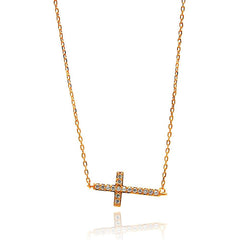 Sterling Silver Rose Gold Plated Necklace with Stylish Sideways Cross Inlaid with Clear Czs PendantAnd Chain Length of 16 And Pendant Dimensions: 9.9MMx22.1MM