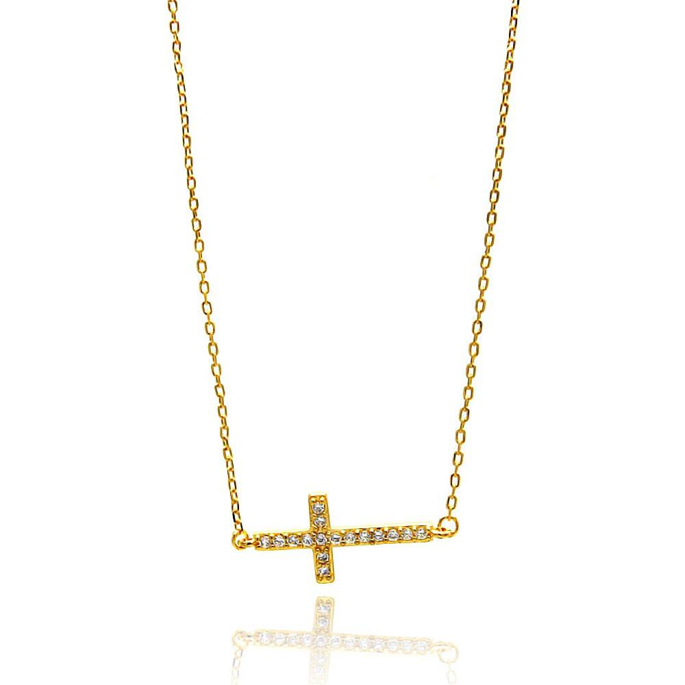 Sterling Silver Gold Plated Sideways Cross CZ Necklace
