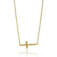 Load image into Gallery viewer, Sterling Silver Gold Plated Sideways Cross CZ Necklace
