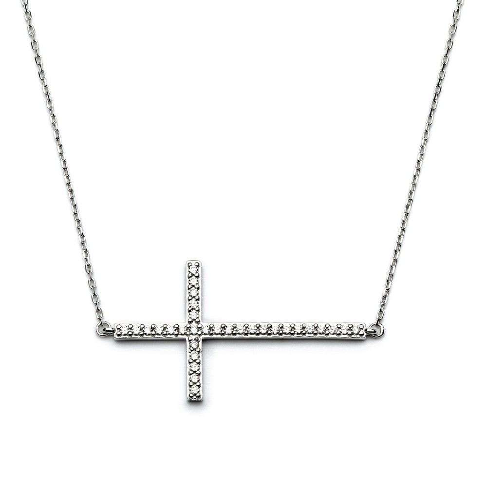 Sterling Silver Rhodium Plated Sideways Cross CZ Necklace