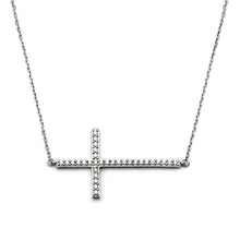 Load image into Gallery viewer, Sterling Silver Rhodium Plated Sideways Cross CZ Necklace