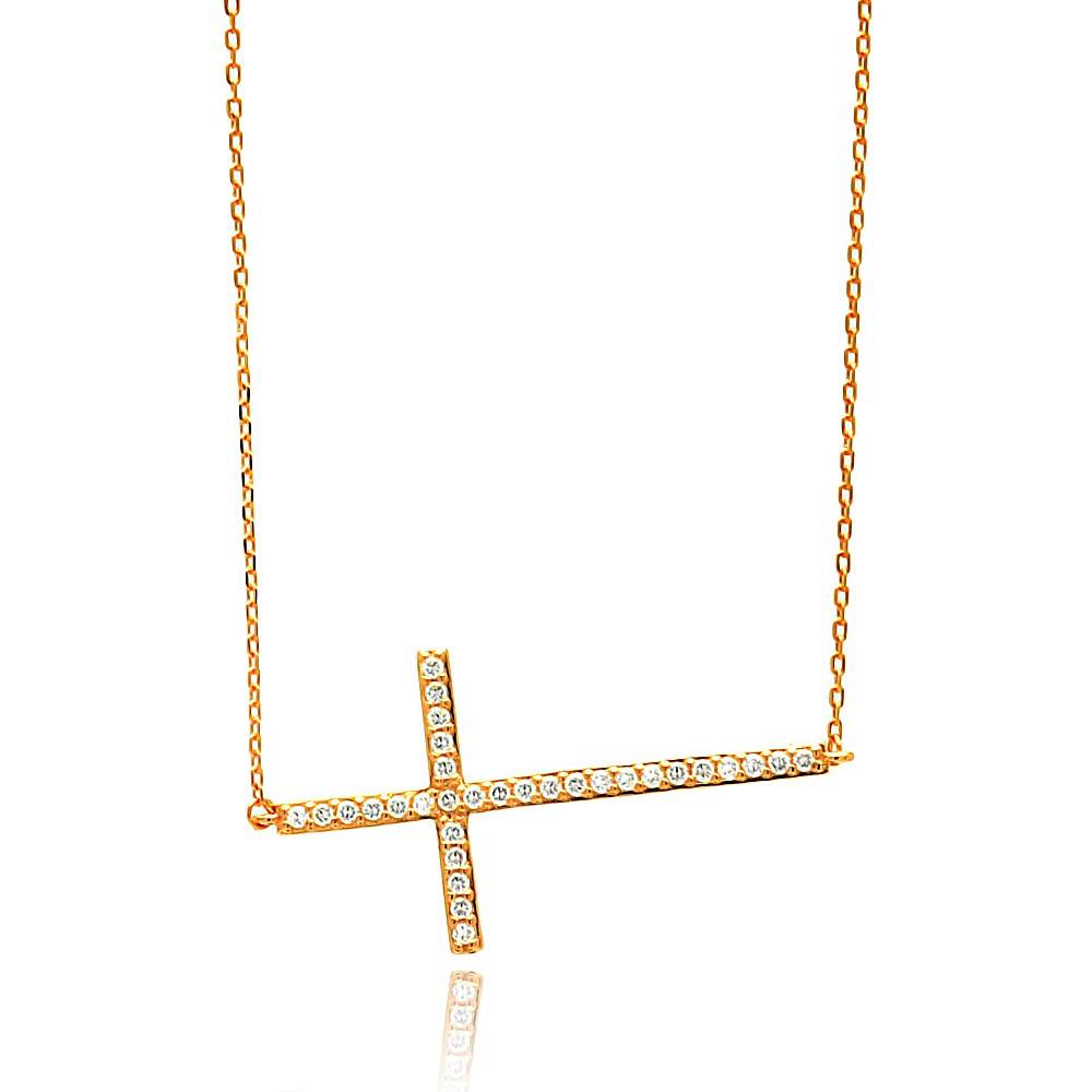 Sterling Silver Rose Gold Plated Sideways Cross CZ Necklace���������