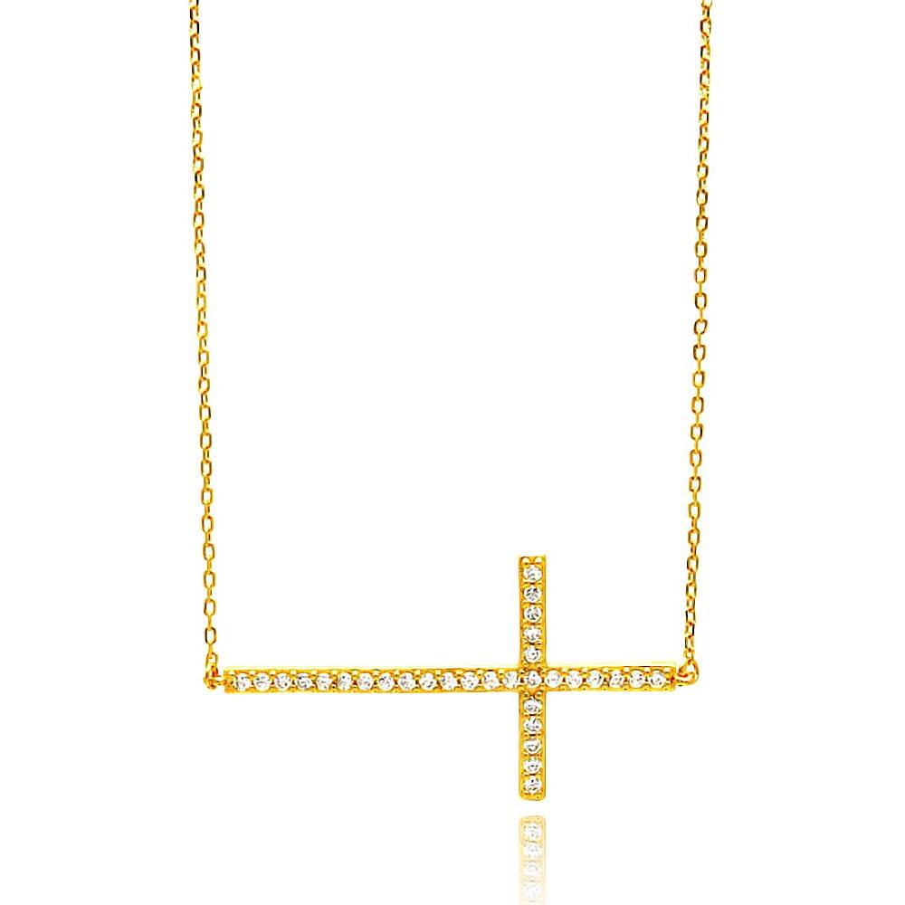 Sterling Silver Gold Plated Sideways Cross Clear CZ Necklace