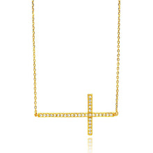 Load image into Gallery viewer, Sterling Silver Gold Plated Sideways Cross Clear CZ Necklace