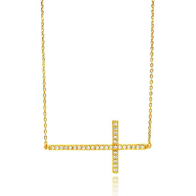 Sterling Silver Gold Plated Sideways Cross Clear CZ Necklace