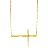 Sterling Silver Gold Plated Sideways Cross Clear CZ Necklace