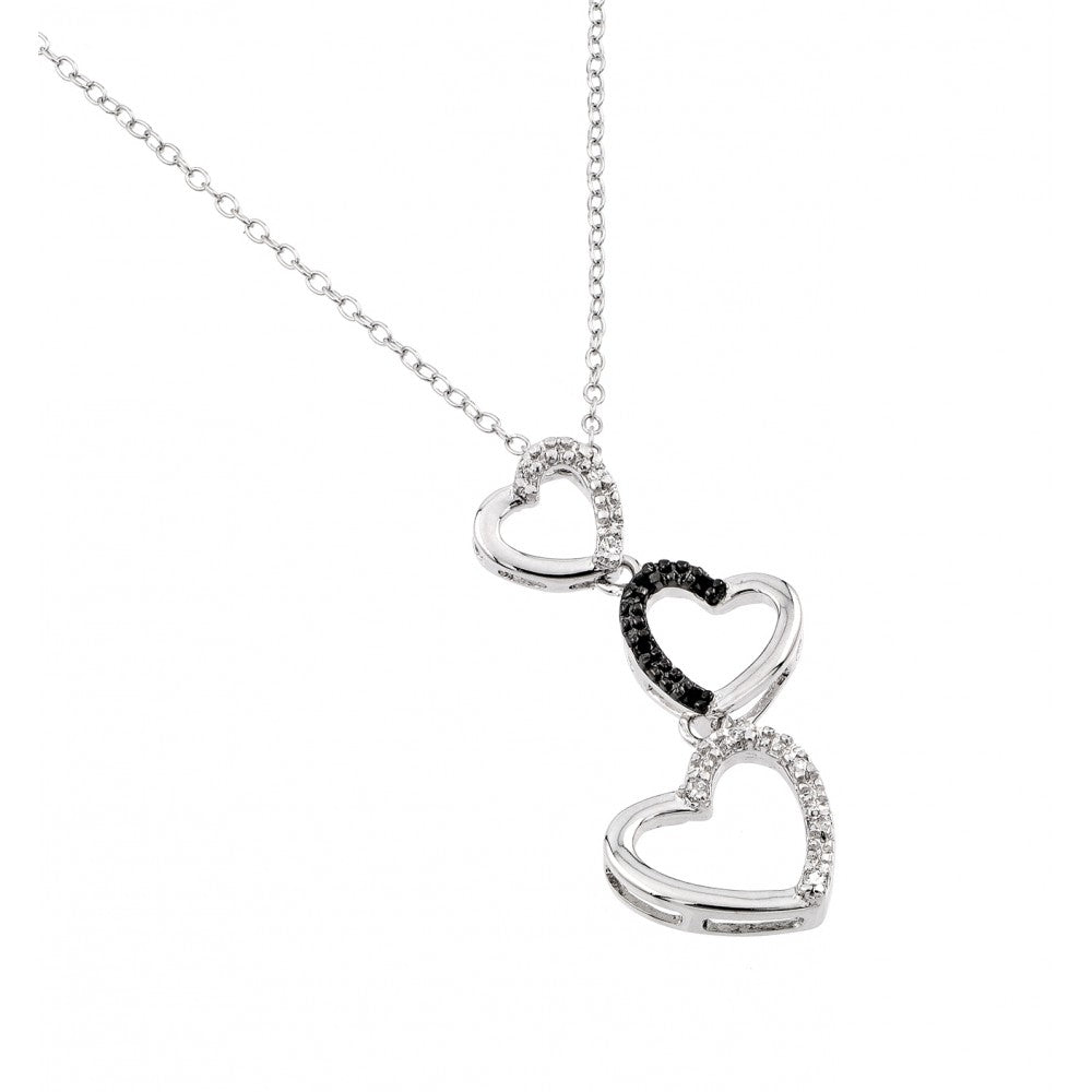 Sterling Silver Necklace with Three Heart Link Inlaid with Clear and Black Czs PendantAnd Chain Length of 16  with 2  ExtensionAnd Pendant Dimensions: 30.7MMx11.6MM