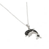 Rhodium Plated Sterling Silver Black and Clear Dolphin Necklace Paved with Black and Clear CZAnd Chain Length of 16  Plus 2  Extension