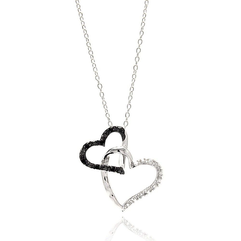 Sterling Silver Necklace with Trendy Double Link Heart Inlaid with Clear and Black Czs PendantAnd Chain Length of 16 -18  AdjustableAnd Pendant Dimensions: 23MMx21MM
