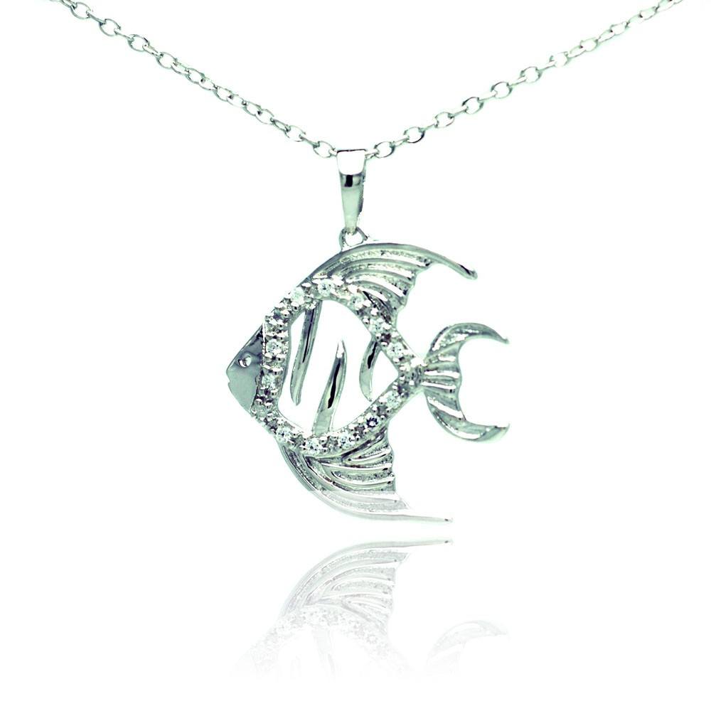 Sterling Silver Necklace with Tropical Fish Inlaid with Clear Czs PendantAnd Chain Length of 16 -18