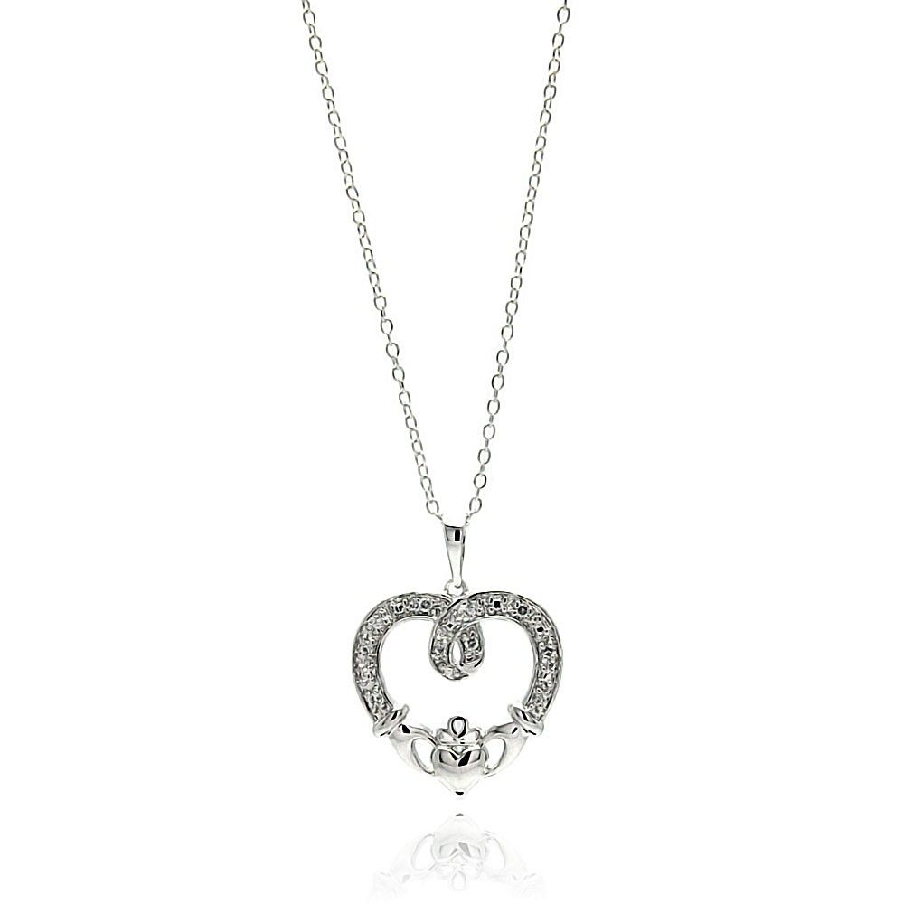 Sterling Silver Necklace with Elegant Claddagh Heart Inlaid with Clear Czs PendantAnd Chain Length of 16 -18  AdjustableAnd Pendant Dimensions: 19MMx19MM