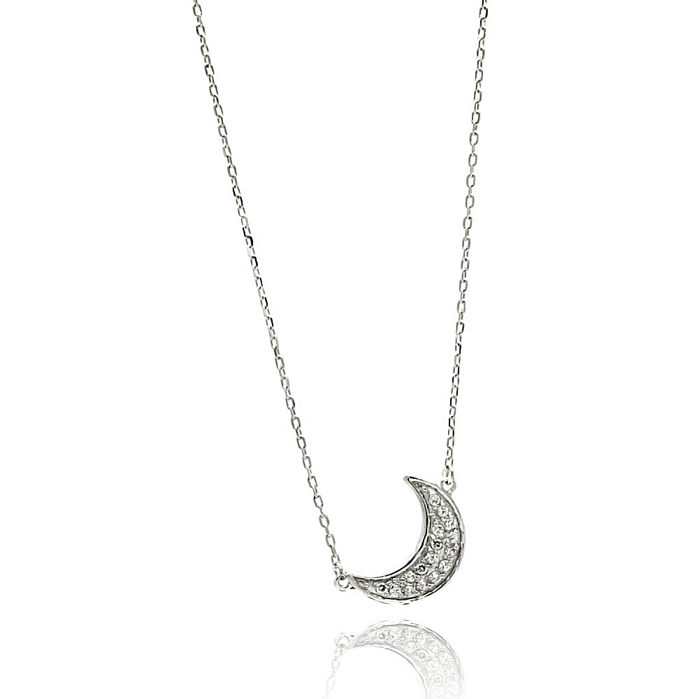 Rhodium Plated Sterling Silver Crescent Moon Necklace with Paved CZ Stones