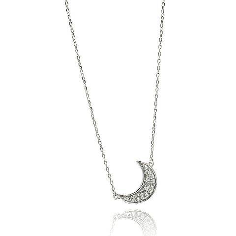 Rhodium Plated Sterling Silver Crescent Moon Necklace with Paved CZ Stones