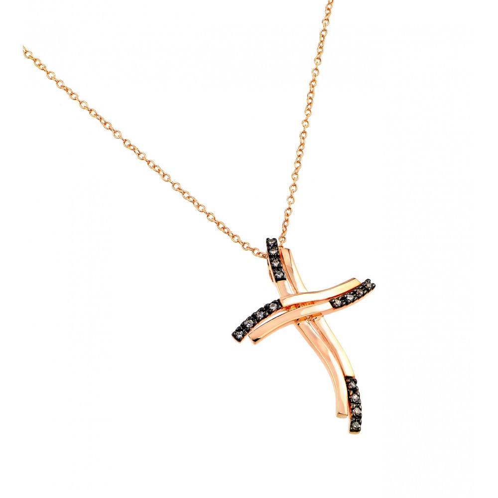 Sterling Silver Rose Gold Plated Necklace with Curvy Cross Pendant Inlaid with Clear Czs on Black Plated SettingAnd Chain Length of 16  AdjustableAnd Pendant Dimensions: 35.5MMx24.4MM