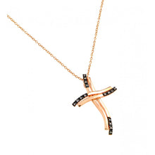 Load image into Gallery viewer, Sterling Silver Rose Gold Plated Curvy Black and Clear Cross CZ Necklace
