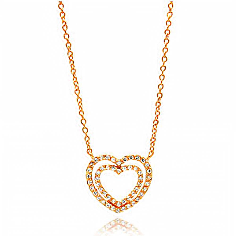 Sterling Silver Rose Gold Plated Necklace with Trendy Double Open Heart Inlaid with Clear Czs PendantAnd Chain Length of 16 -18  AdjustableAnd Pendant Dimensions: 16.9MMx18.4MM