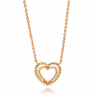 Sterling Silver Rose Gold Plated Necklace with Trendy Double Open Heart Inlaid with Clear Czs PendantAnd Chain Length of 16 -18  AdjustableAnd Pendant Dimensions: 16.9MMx18.4MM