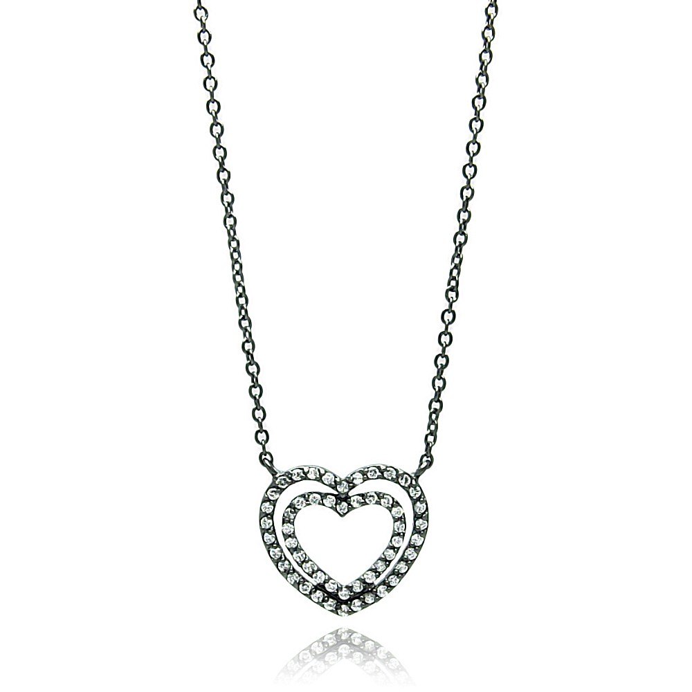 Sterling Silver Black Rhodium Plated Necklace with Trendy Double Open Heart Inlaid with Clear Czs PendantAnd Chain Length of 16 -18  AdjustableAnd Pendant Dimensions: 17MMx18.4MM